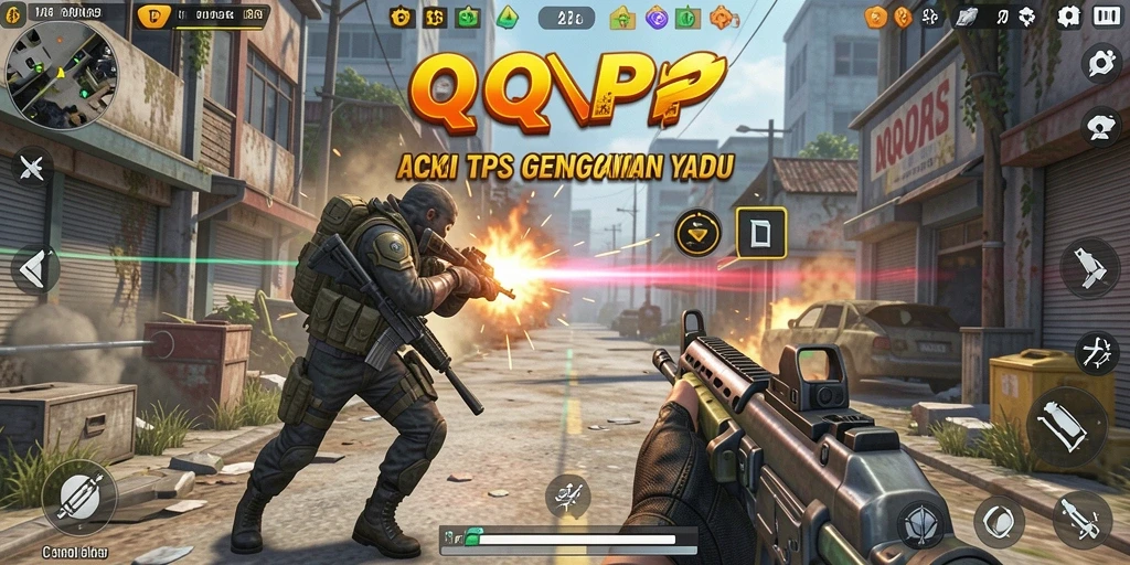 Screenshot gameplay QQRP menampilkan aksi mendebarkan di arena TPS.